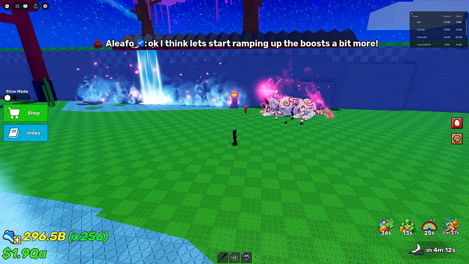 Timed boost icons displayed at bottom right as server boosts ramp to higher multipliers