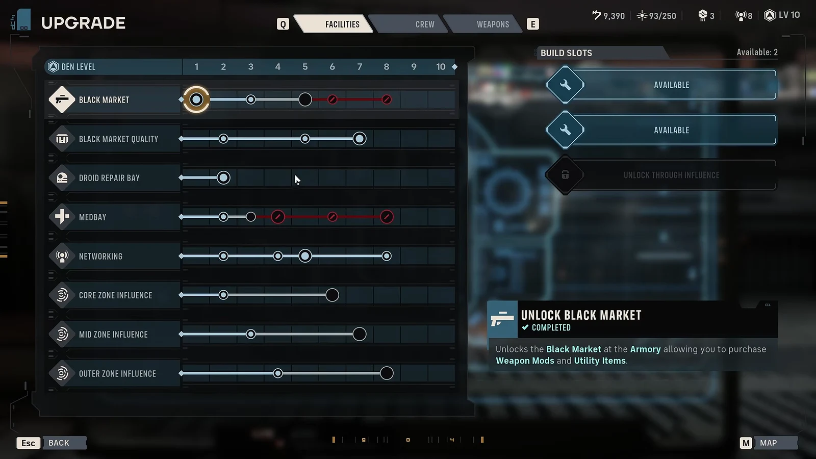 Upgrade Facilities menu with Black Market selected and two empty build slots shown
