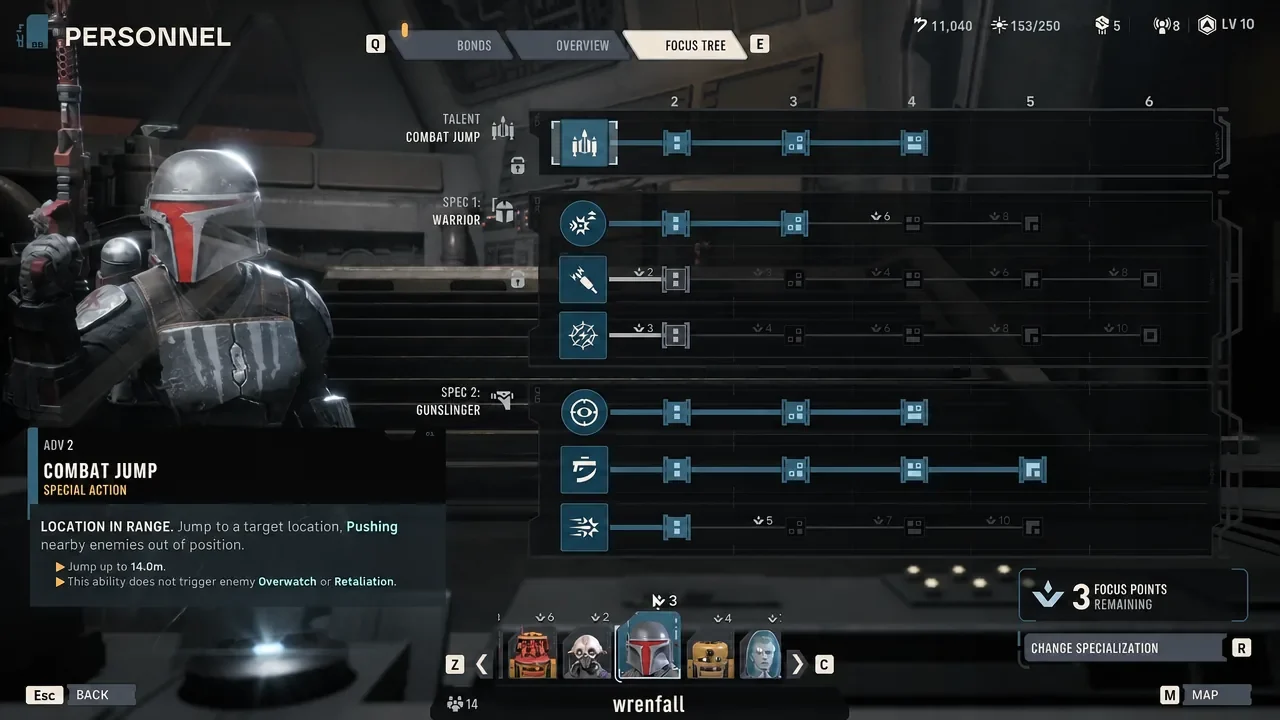 Cly Kullervo's Warrior and Gunslinger focus trees with Quick Draw and Onslaught highlighted