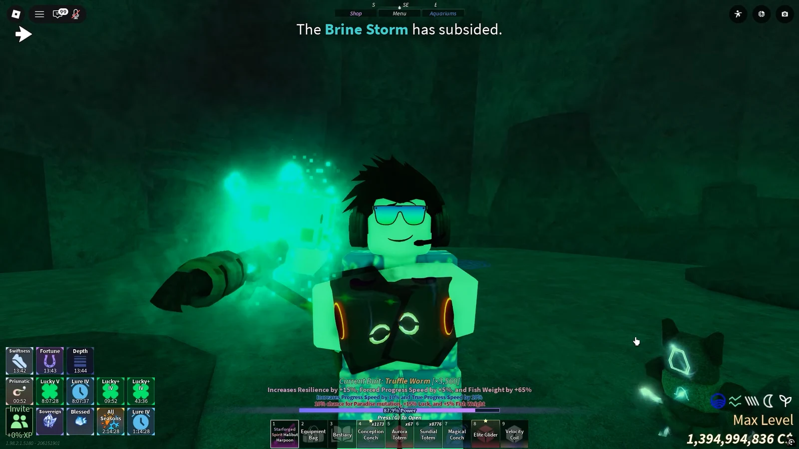 Player underwater with the Starforged Spirit Halibut Harpoon equipped after a Brine Storm