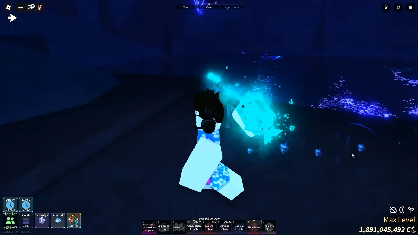 Player gliding with the Elite Glider through a dark, glowing underwater cavern