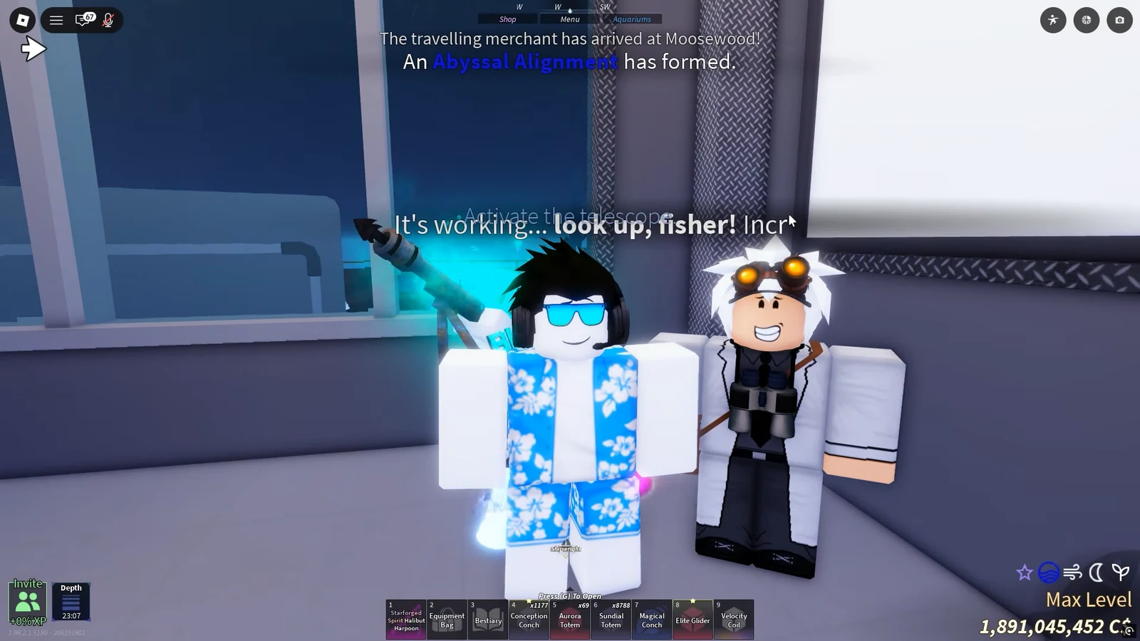 Player activating the telescope next to the NPC and looking up to start the event