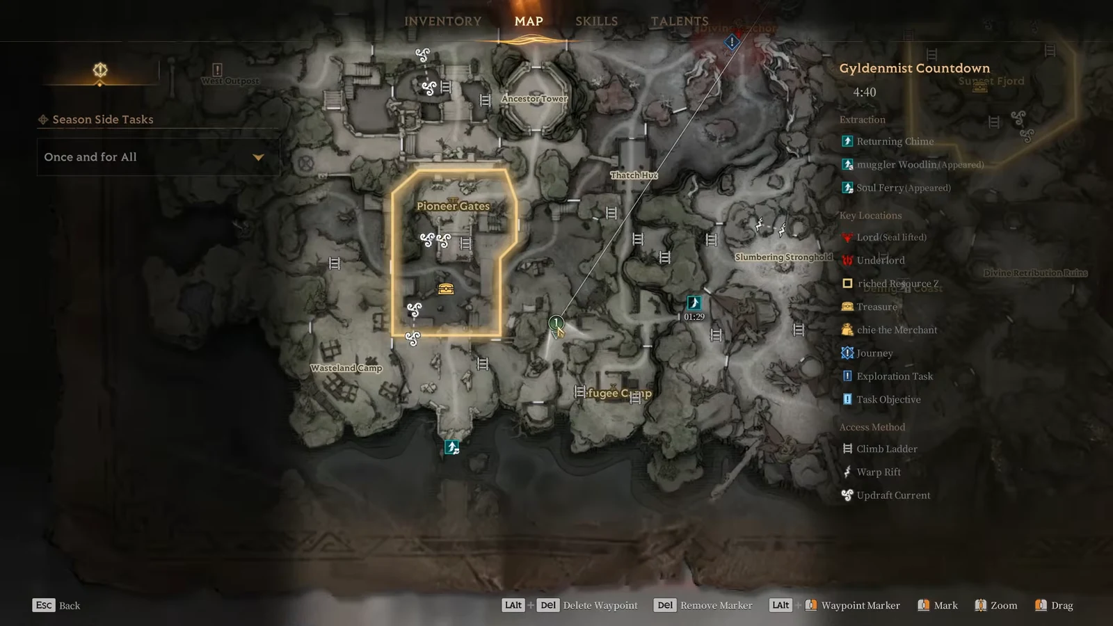 Hallowgrove Chaos map with Pioneer Gates highlighted and a seasonal side task waypoint set