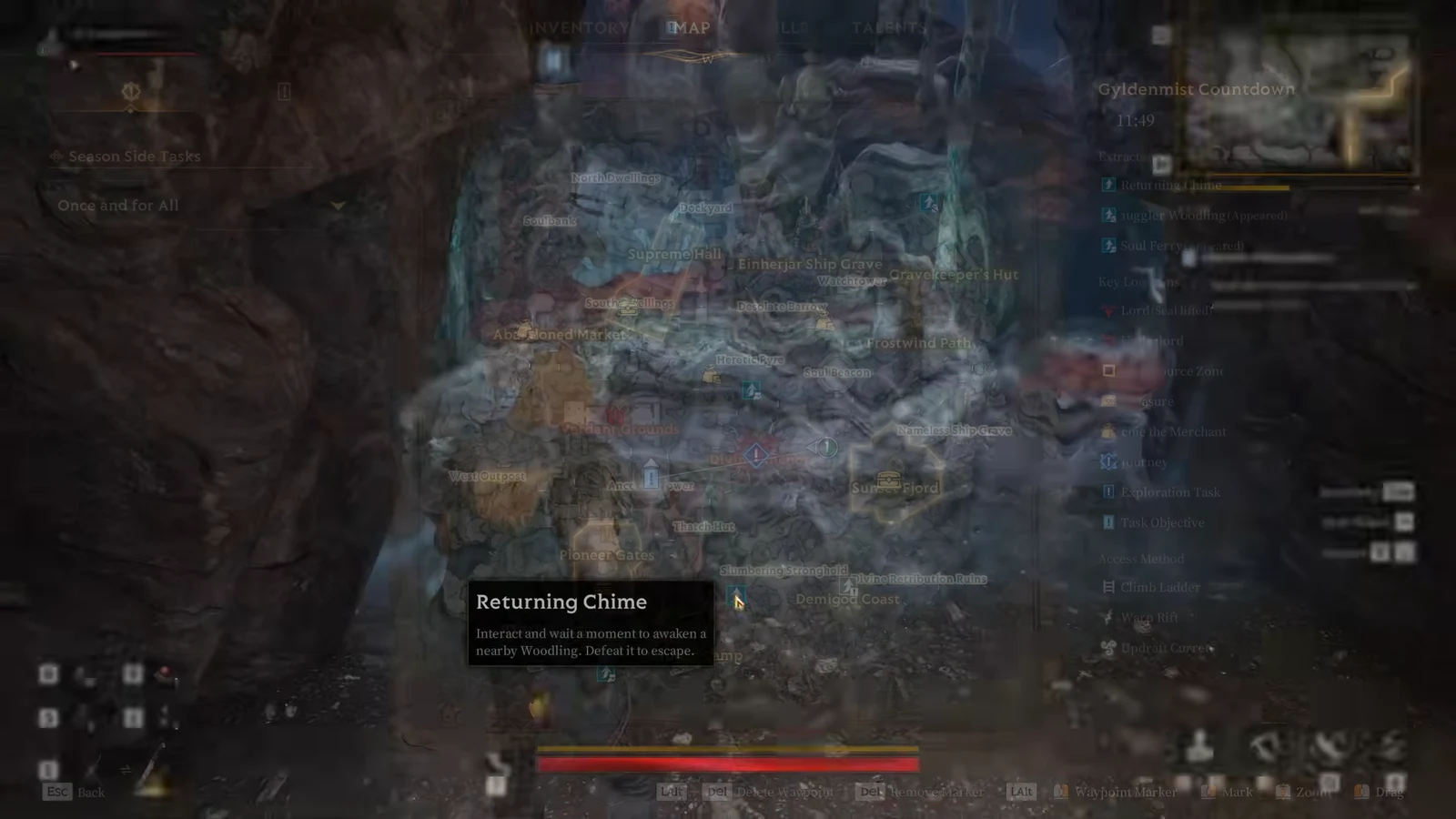 Map screen showing the Returning Chime extraction objective and its interaction prompt