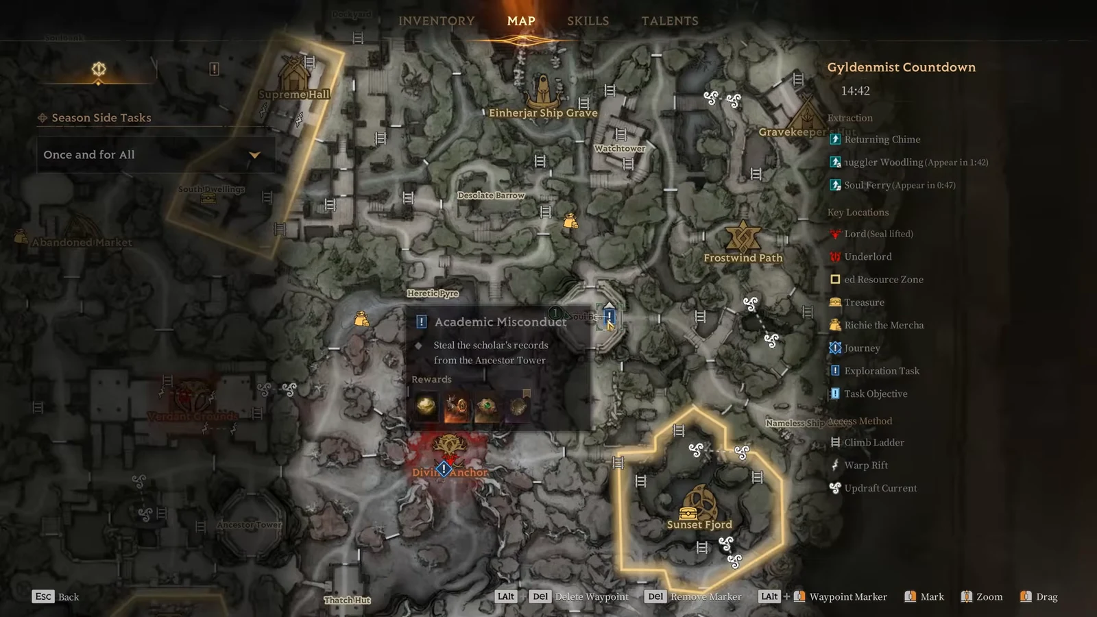 Mistfall Hunter map screen with the Academic Misconduct task selected and its objective listed
