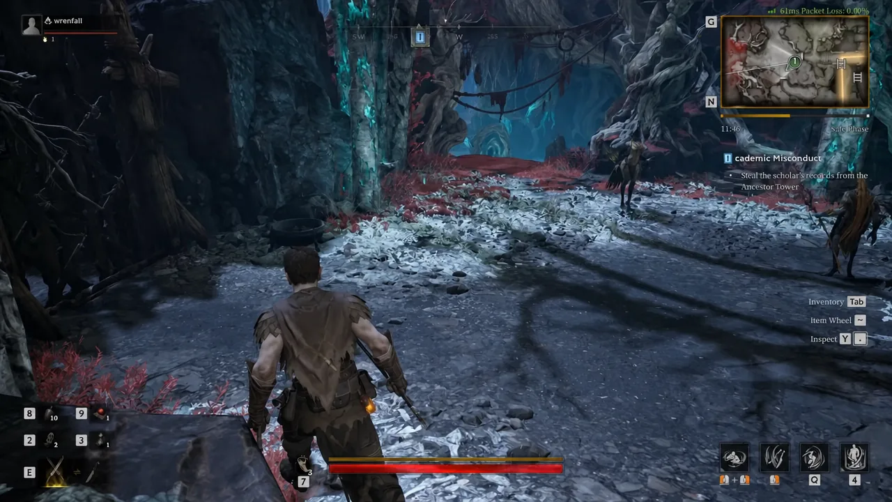 Player moving through Ancestor Tower with the Academic Misconduct objective tracker on screen