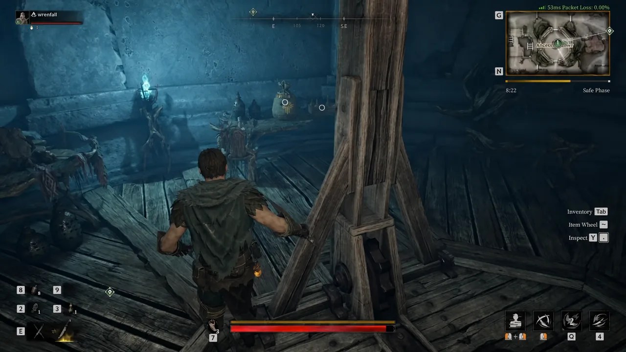 Shadowstrix exploring a wooden cavern in Hallowgrove Chaos with the inventory prompt visible