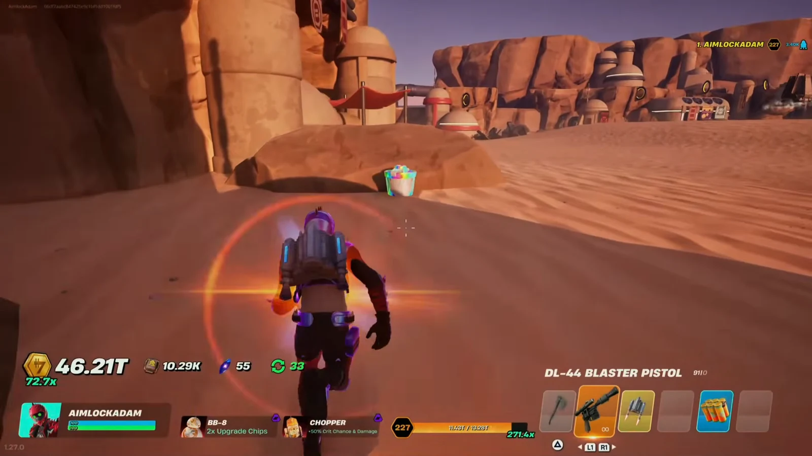 Player moving toward a glowing collectible while holding the DL-44 Blaster Pistol