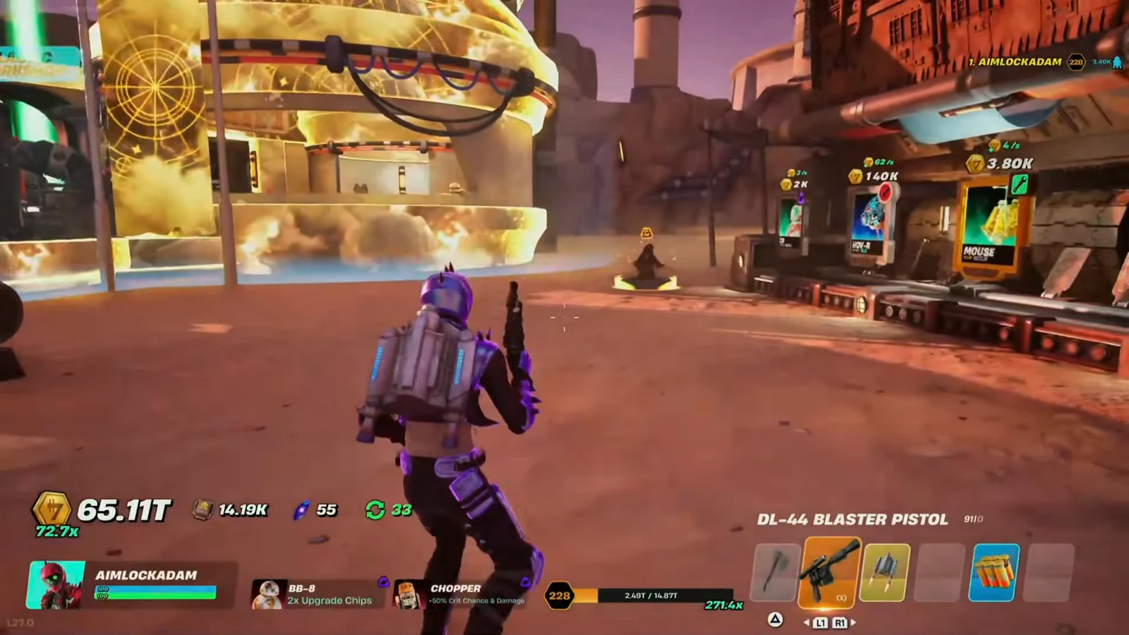 Player crossing a futuristic hub with the DL-44 Blaster Pistol drawn