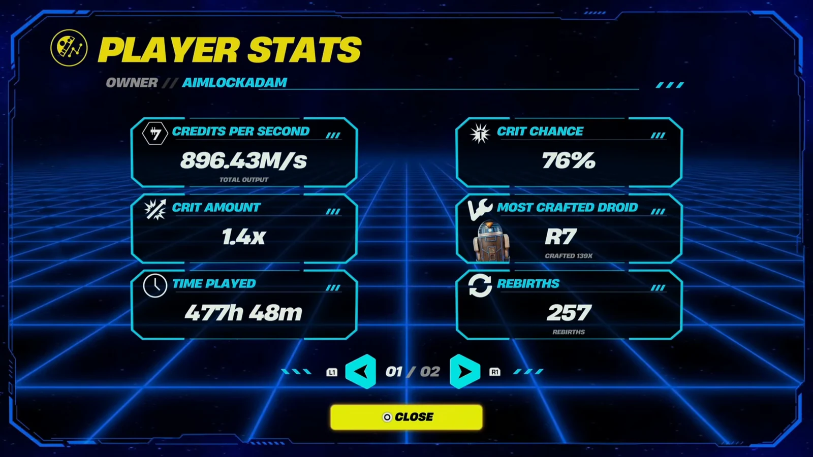 Player Stats panel showing credits per second, crit chance, time played, and rebirth count