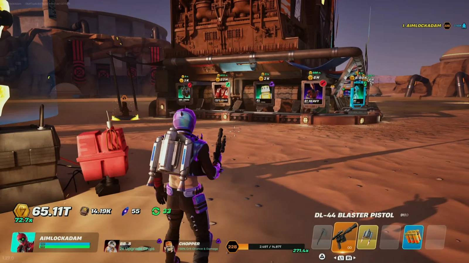 DL-44 Blaster Pistol selected on the weapon bar as the player walks toward a card vendor