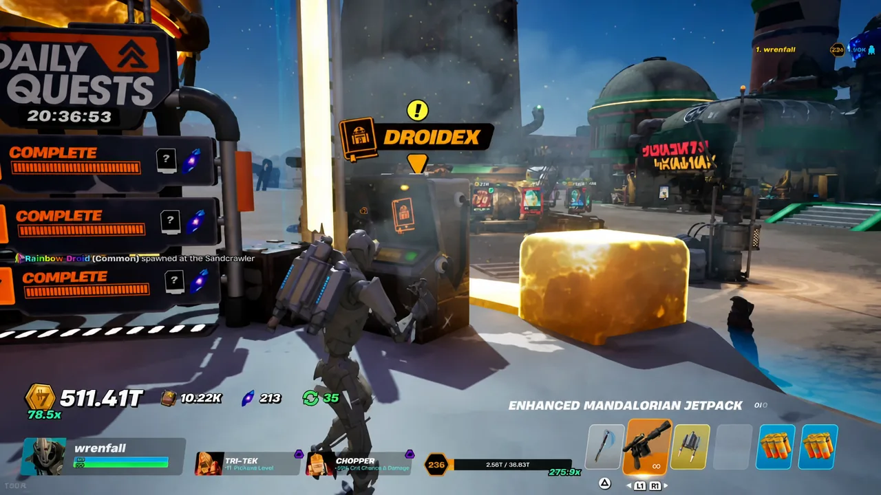A player standing beside the DROIDEX console with its interaction prompt highlighted