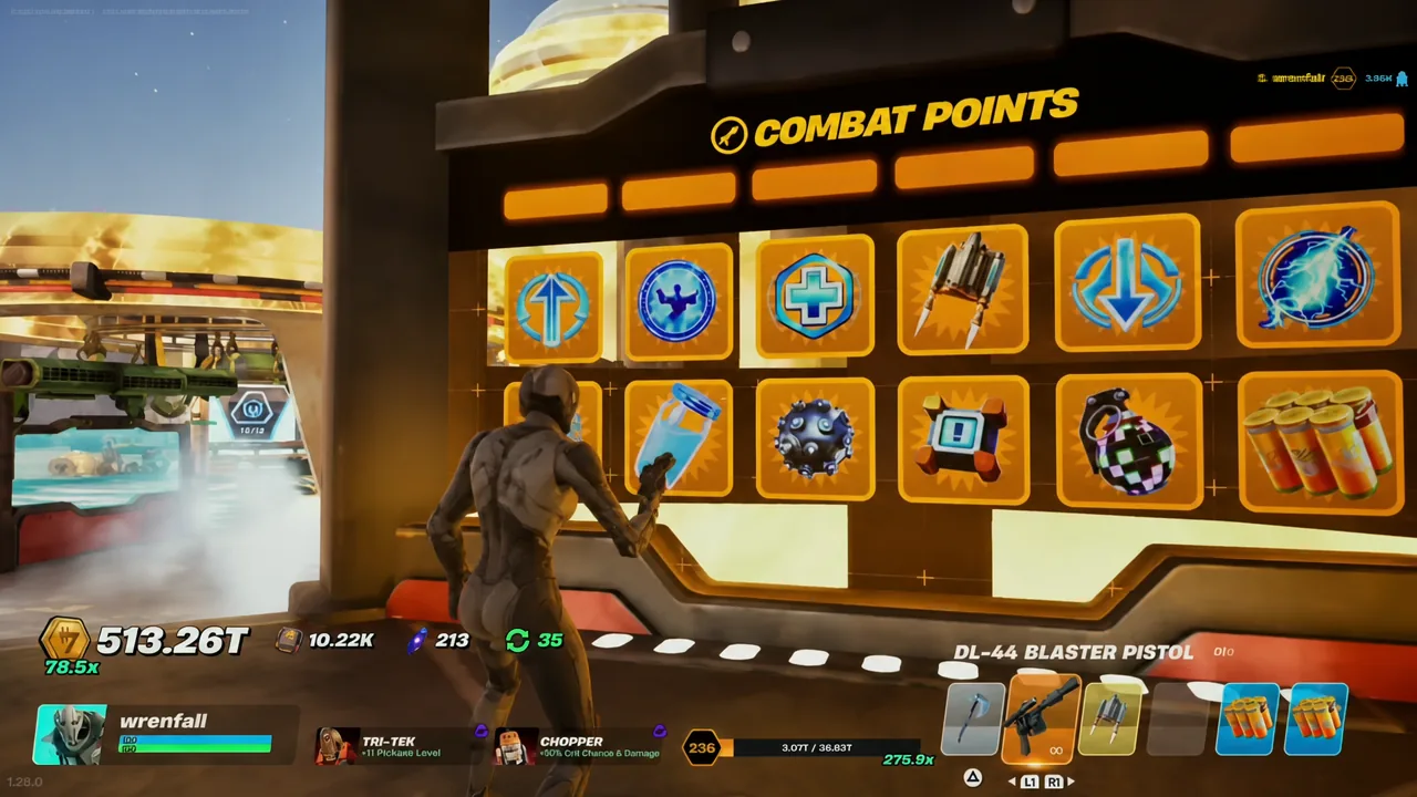 The Combat Points weapon selection wall in Droid Tycoon after the v1.28.0 swap