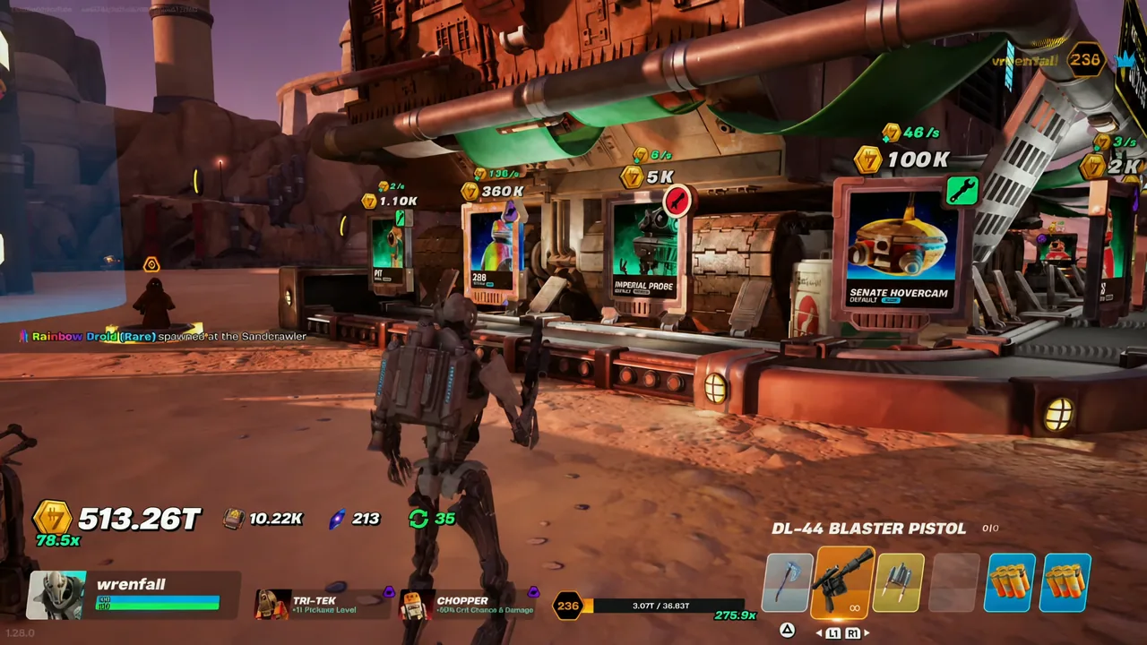 A droid selection interface showing item cards including the Senate Hovercam