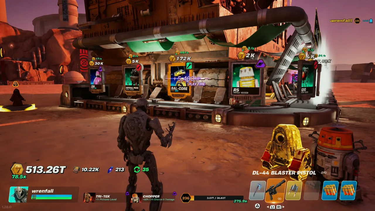 A vending stall on the Droid Tycoon map with the BAL-CORE droid highlighted
