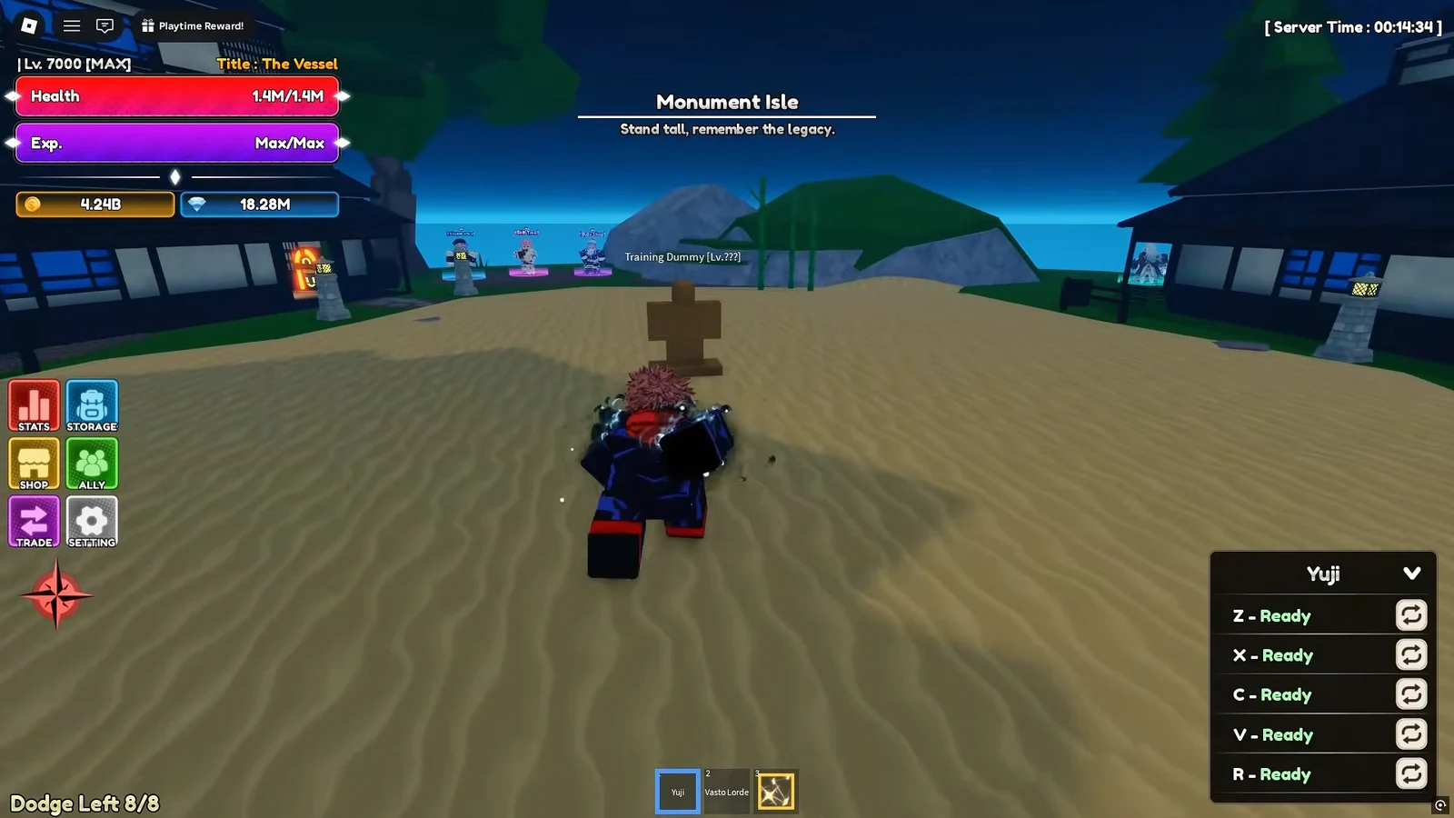 Player approaching a Training Dummy on Monument Isle with Yuji abilities ready