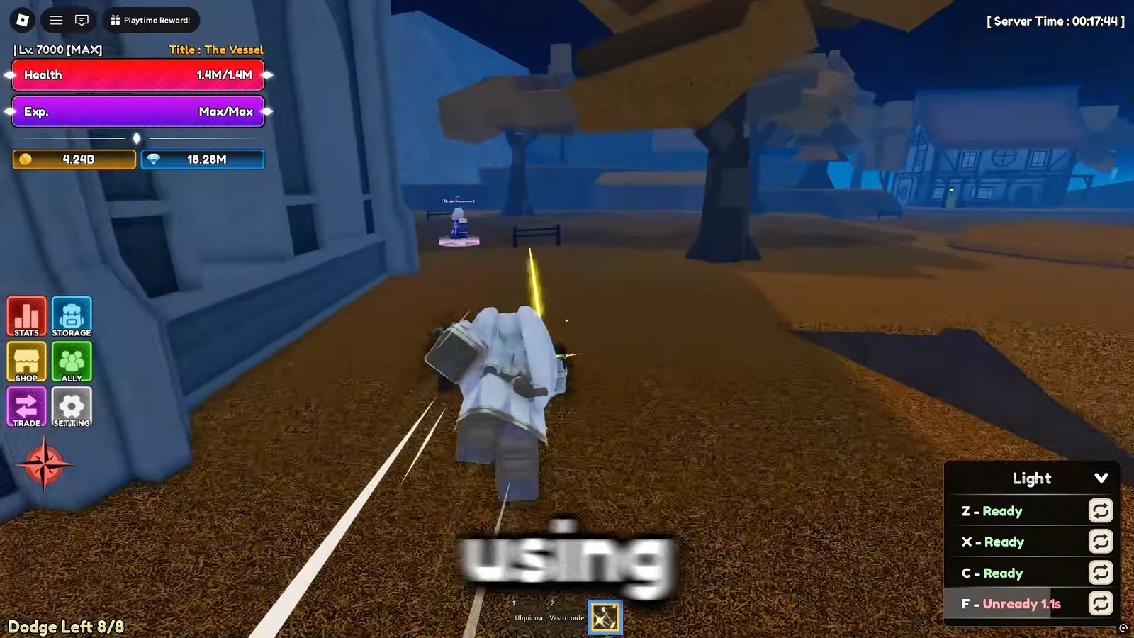 Character using a Light attack with Z, X, and C skills showing ready