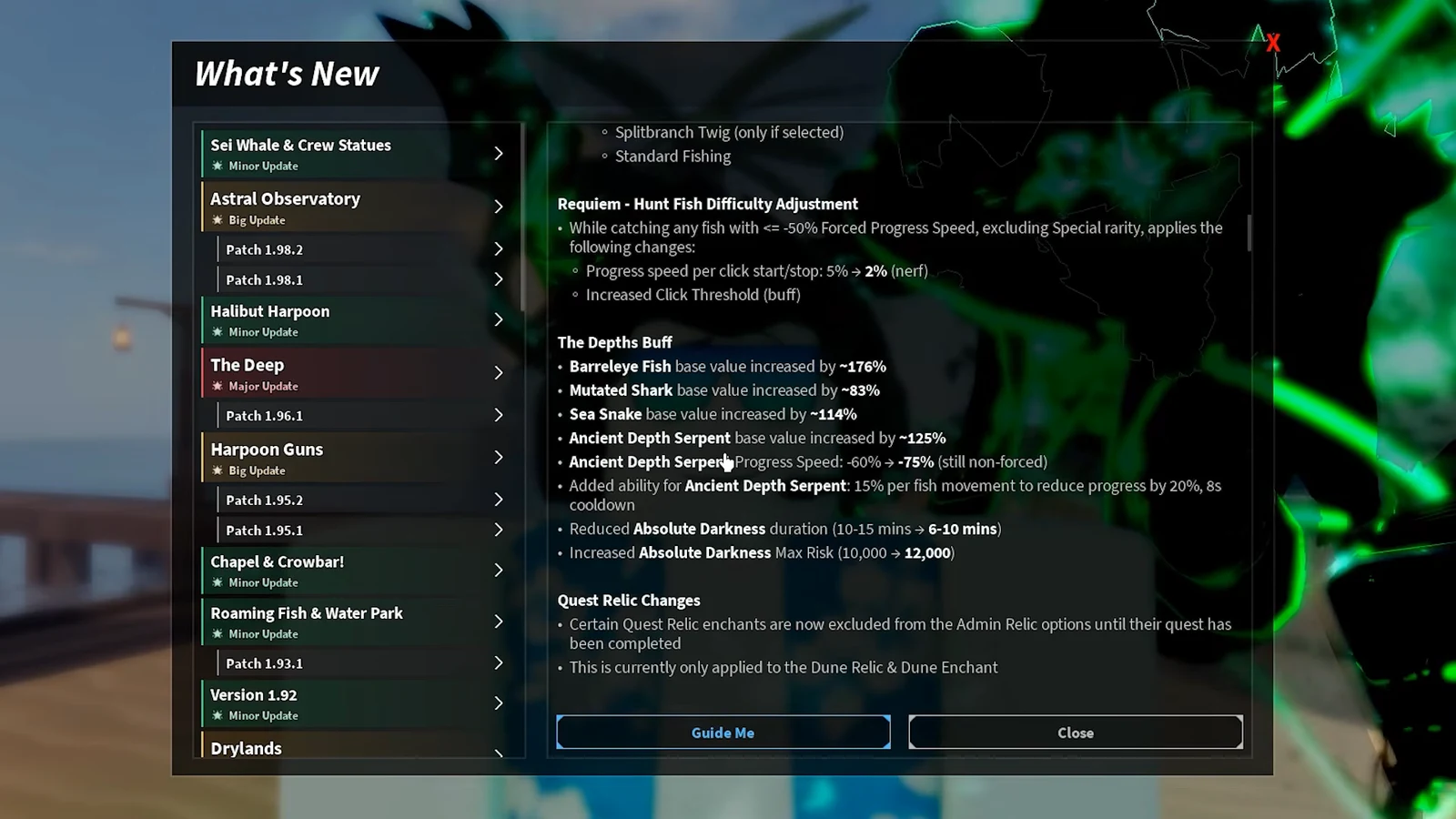 The What's New update panel open in Fisch with the Astral Observatory entry selected