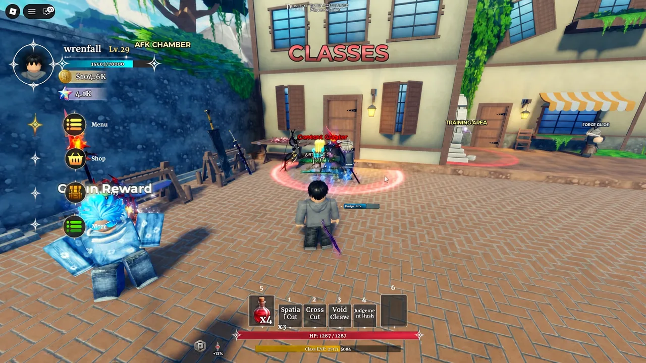 Player approaching the Classes building and training area entrance in Dungeon Lootr