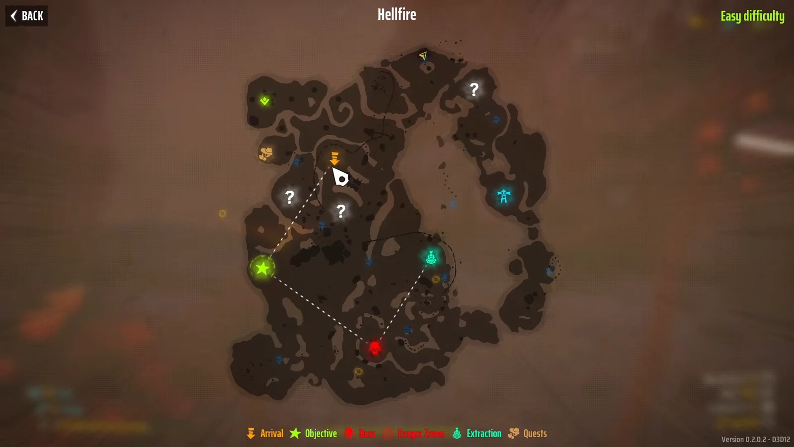 Hellfire map on Easy difficulty showing the player marker, route, objective, danger zones, and cave