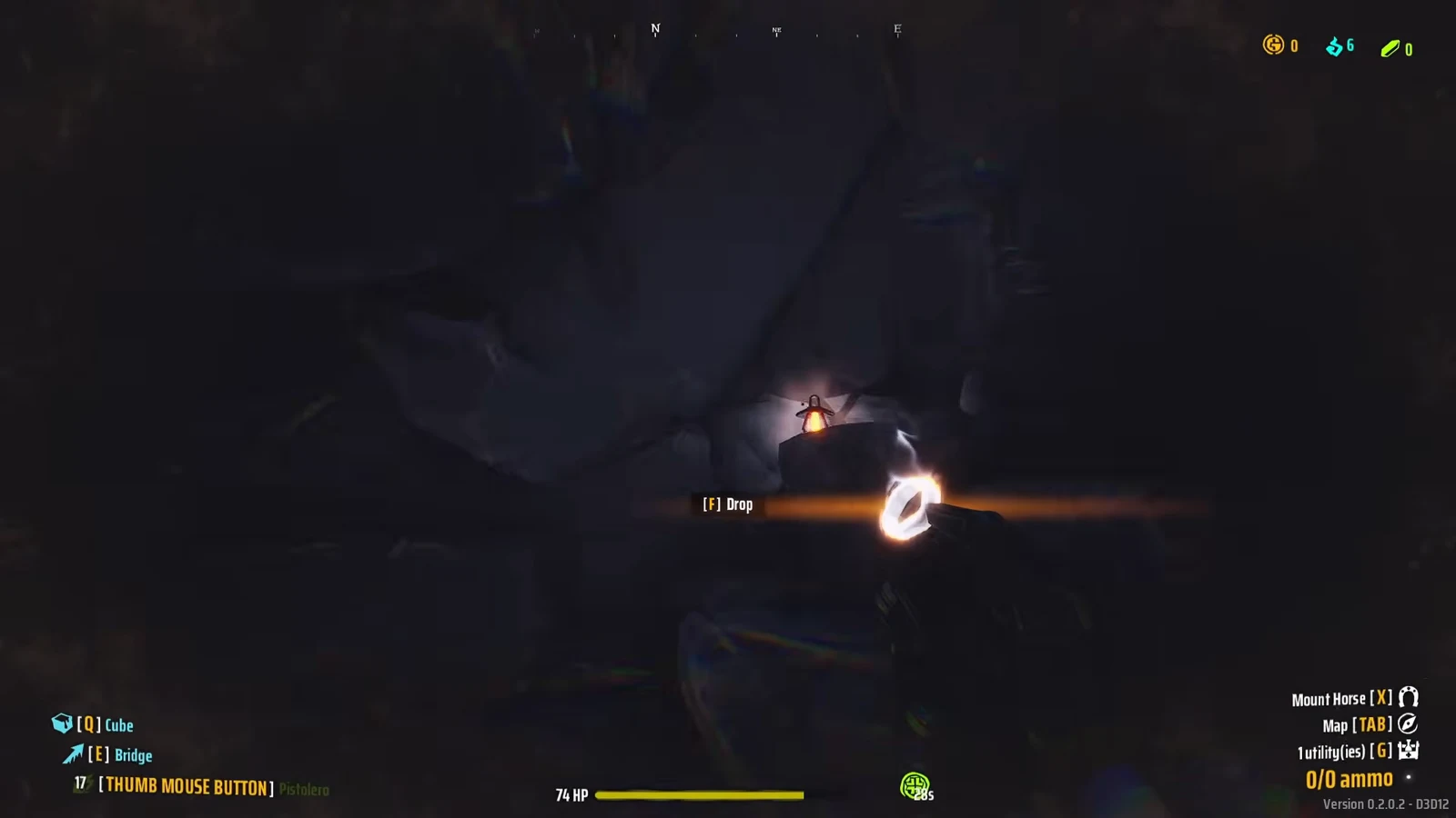 Gameplay view showing the F Drop prompt while holding the glowing ring item
