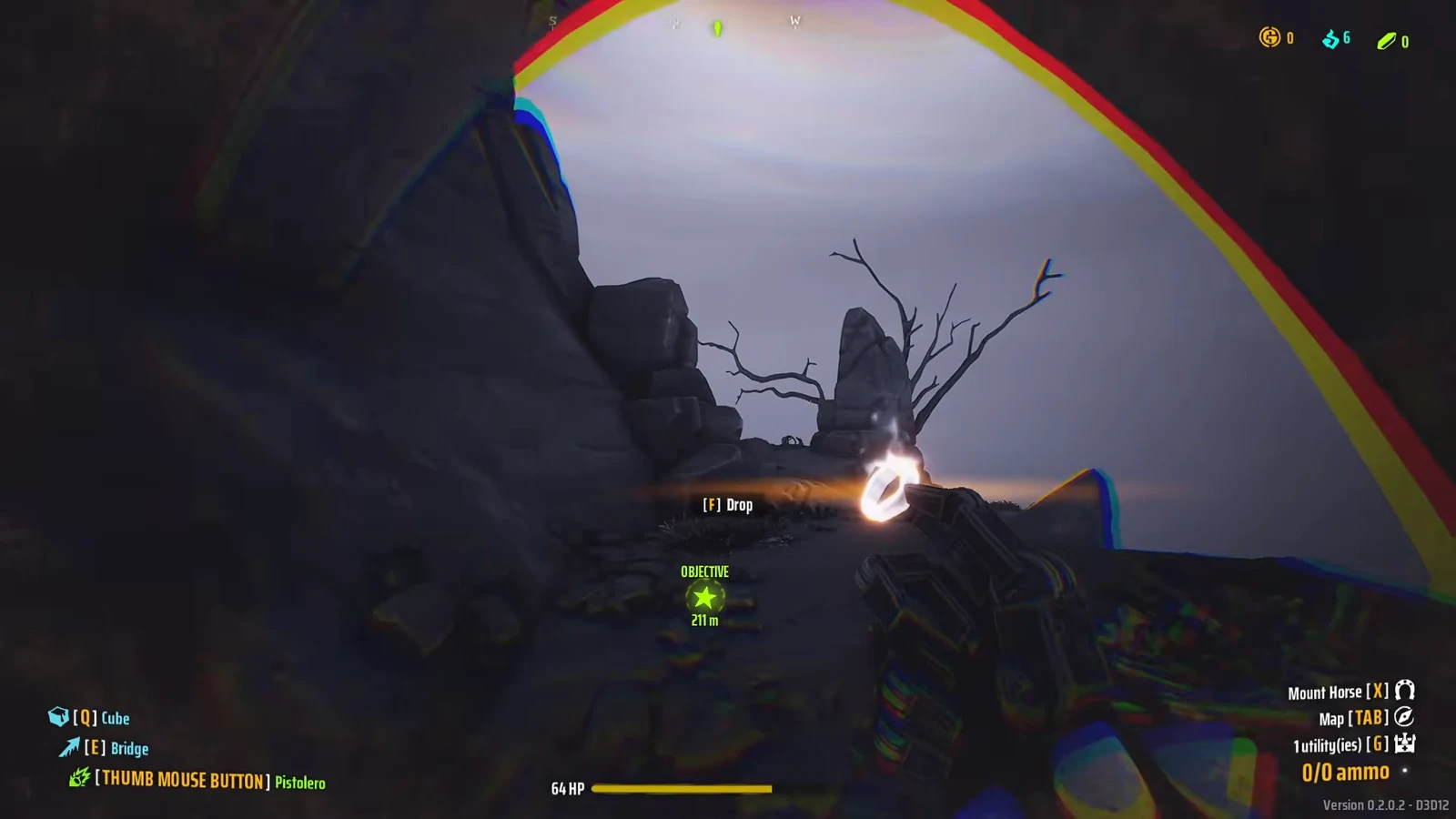 First-person view at the summit with an F Drop prompt for the glowing ring and a 211-meter objective