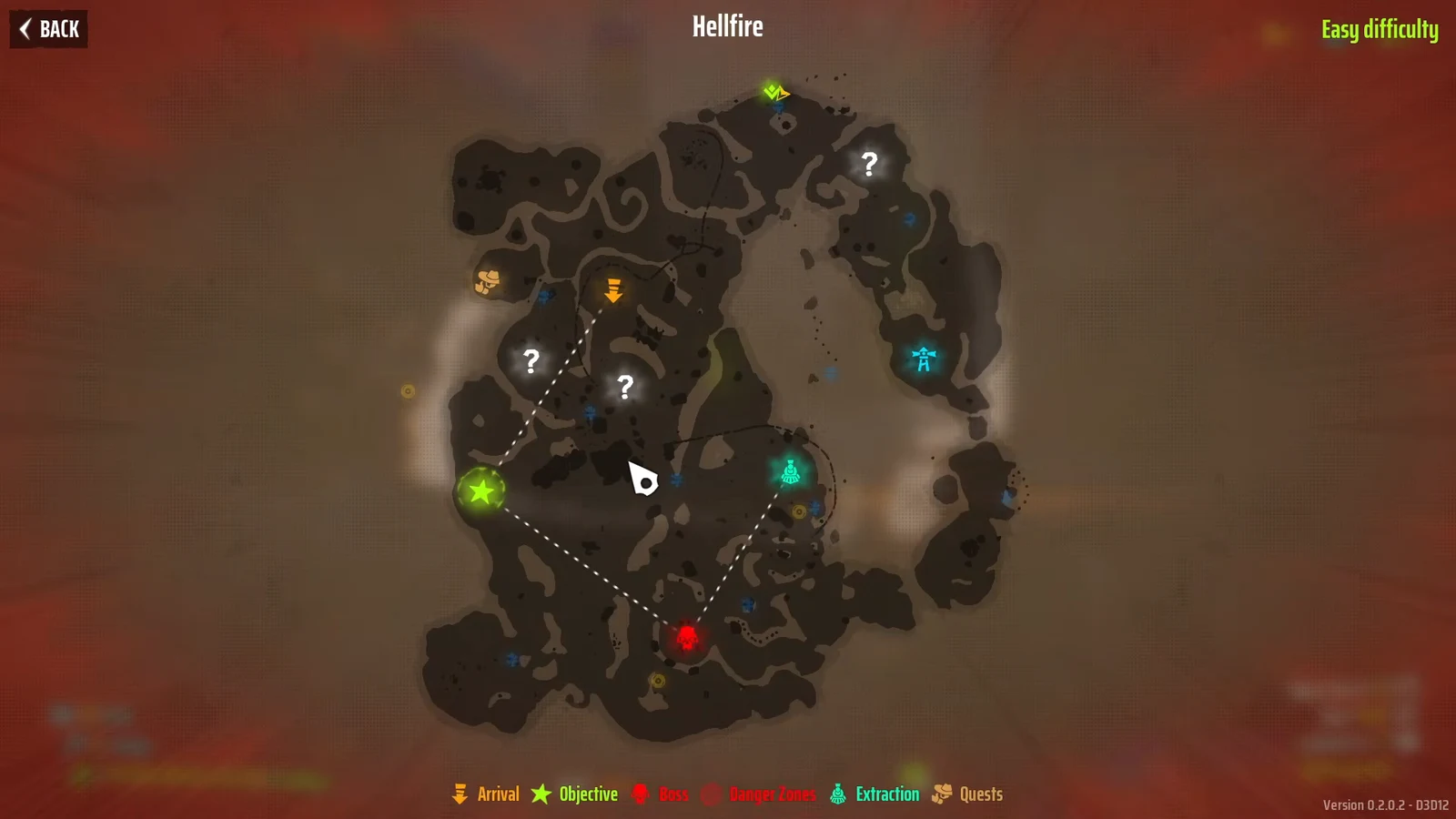 Hellfire map showing the green-star objective and a dotted route from arrival toward the boss