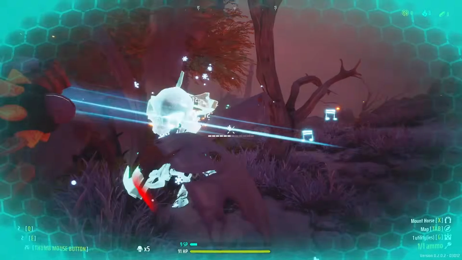 Player firing blue energy beams at a glowing skull enemy while taking damage in Hellfire