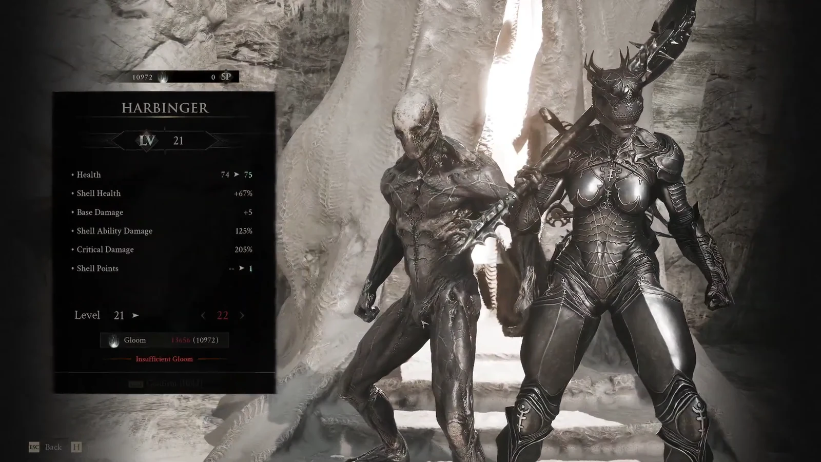 Harbinger upgrade screen previewing level 21 to 22 with an Insufficient Gloom warning in Mortal Shell 2