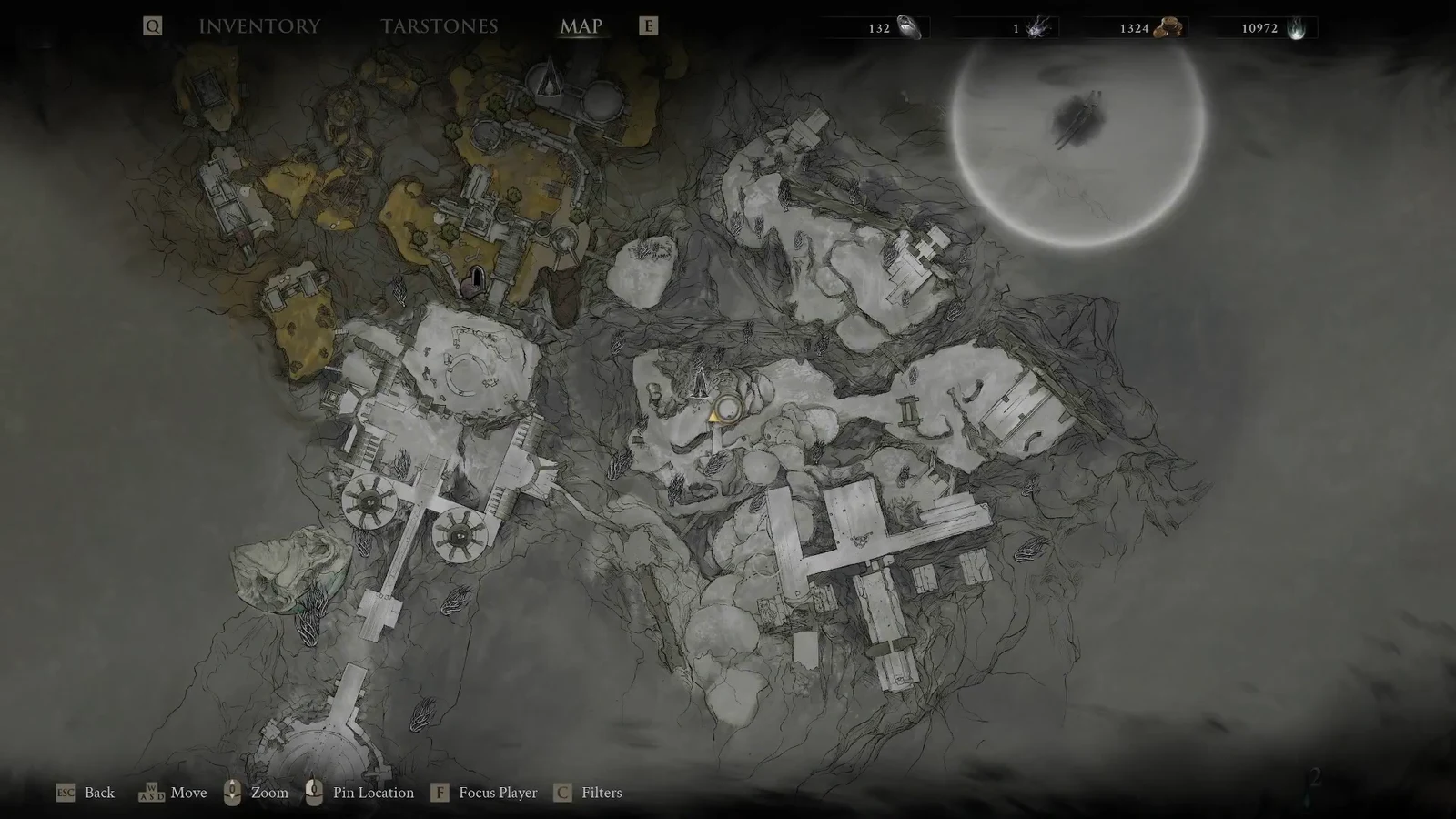 Mortal Shell 2 map screen open with the player marker centered on the explored snowy region
