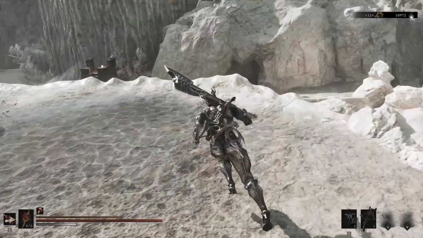 Armored Harbinger sprinting across snowy ground toward a rocky cave entrance in Mortal Shell 2
