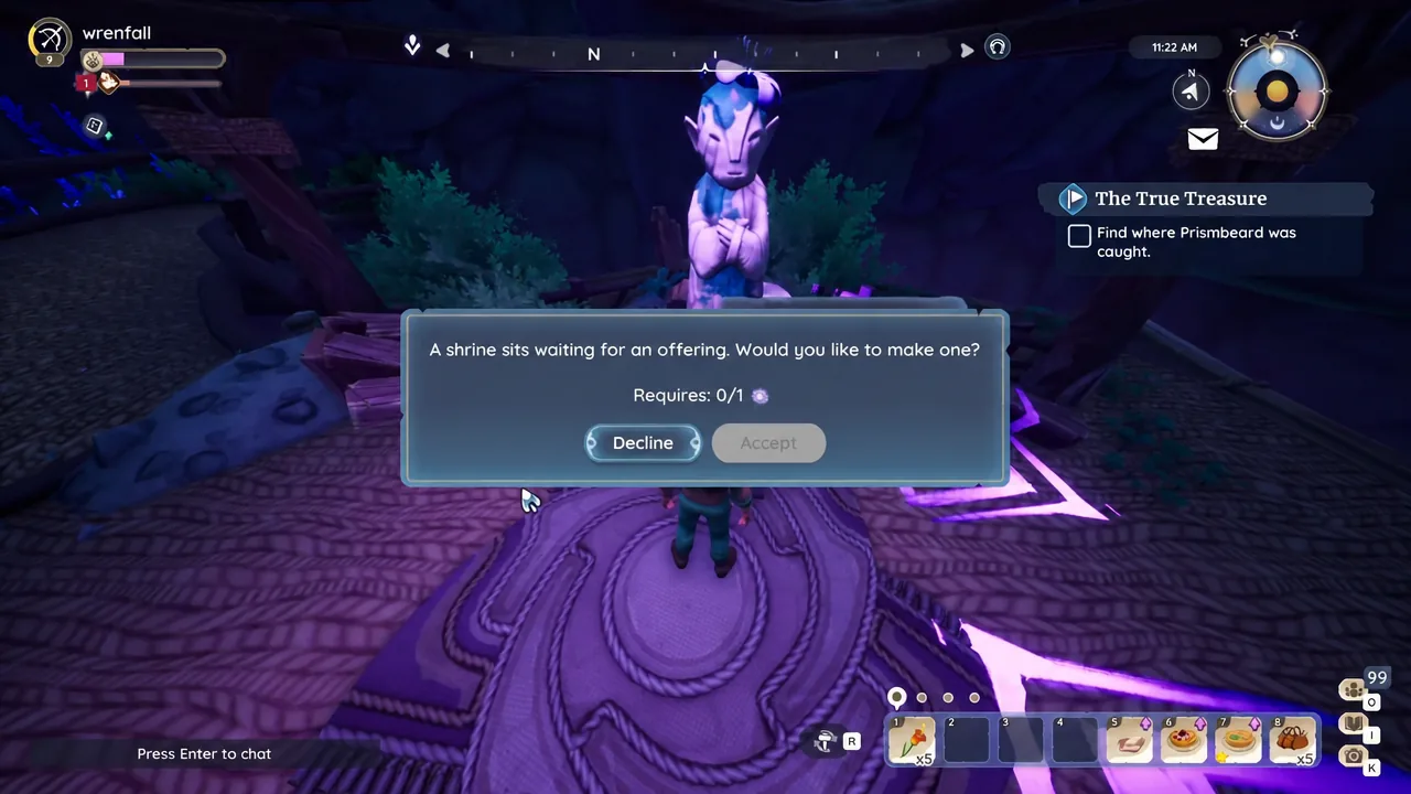 Shrine offering prompt in Palia with the Decline option highlighted next to a 0 of 1 requirement