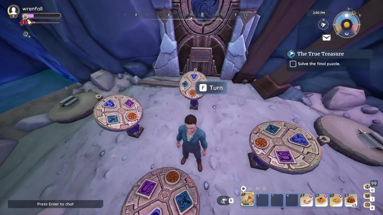 Turn prompt shown on a rotating symbol dial inside Prismbeard's puzzle room in Palia