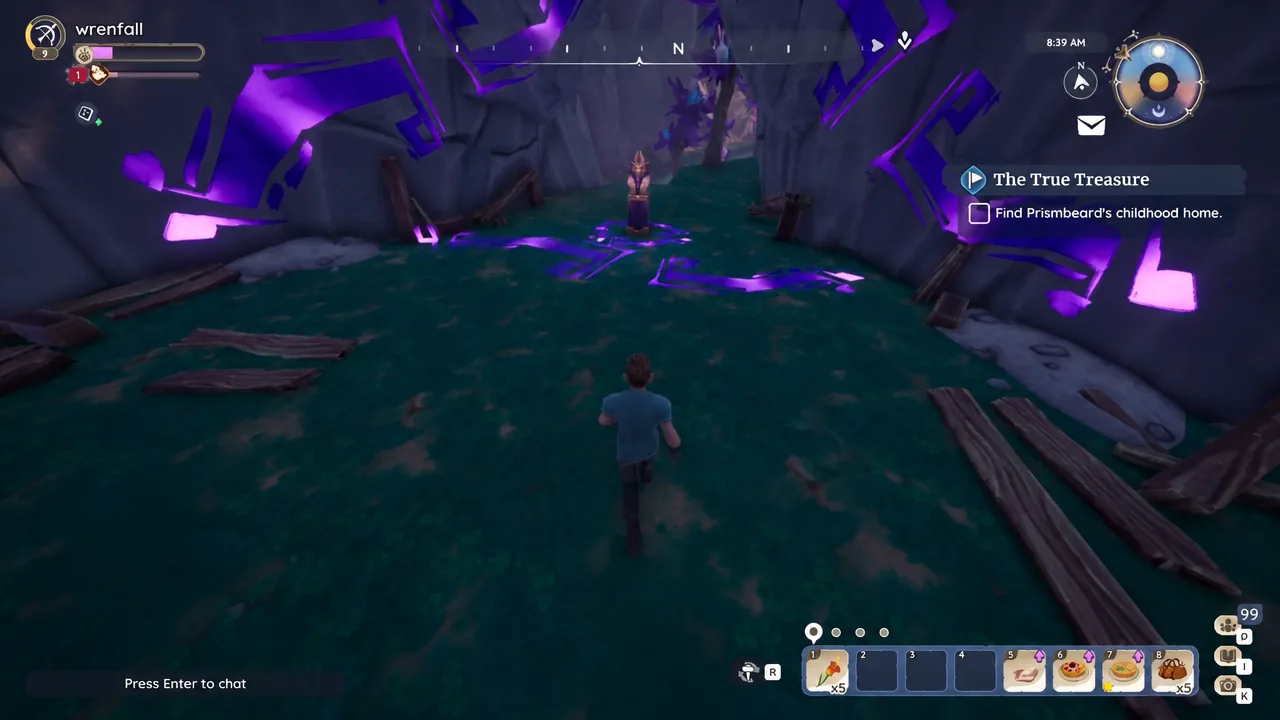 Palia quest tracker showing the objective to find Prismbeard's childhood home while exploring Elderwood