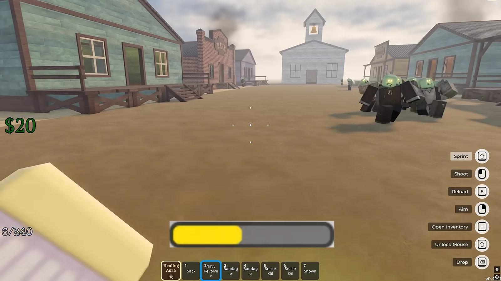 Player aiming a Navy Revolver from the hotbar at zombies approaching through the town