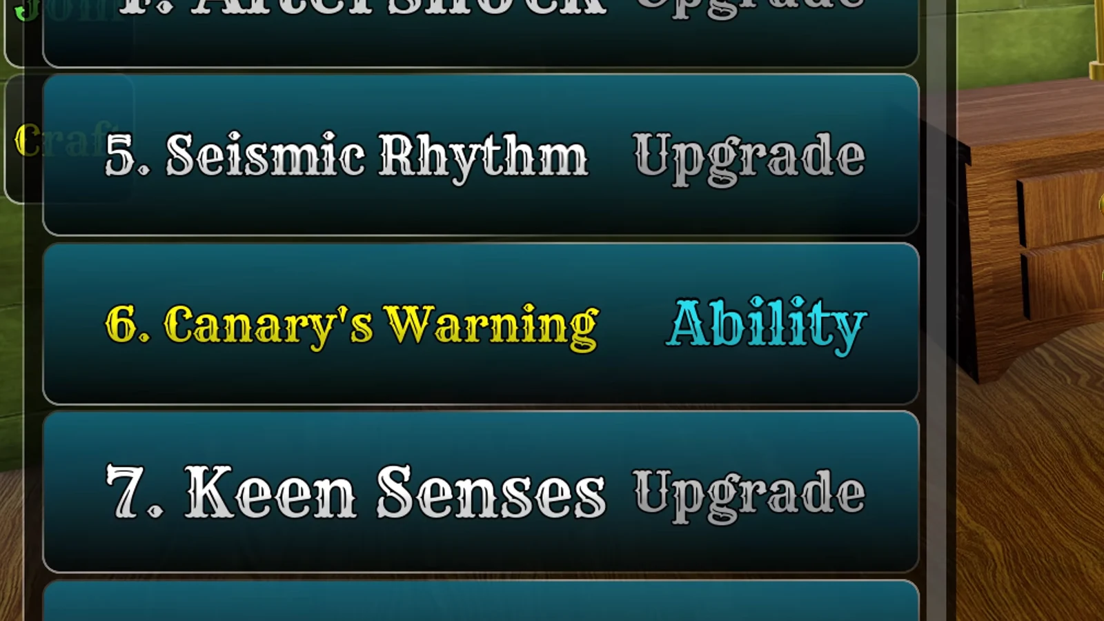 Upgrade menu highlighting Canary's Warning as the selected Miner ability