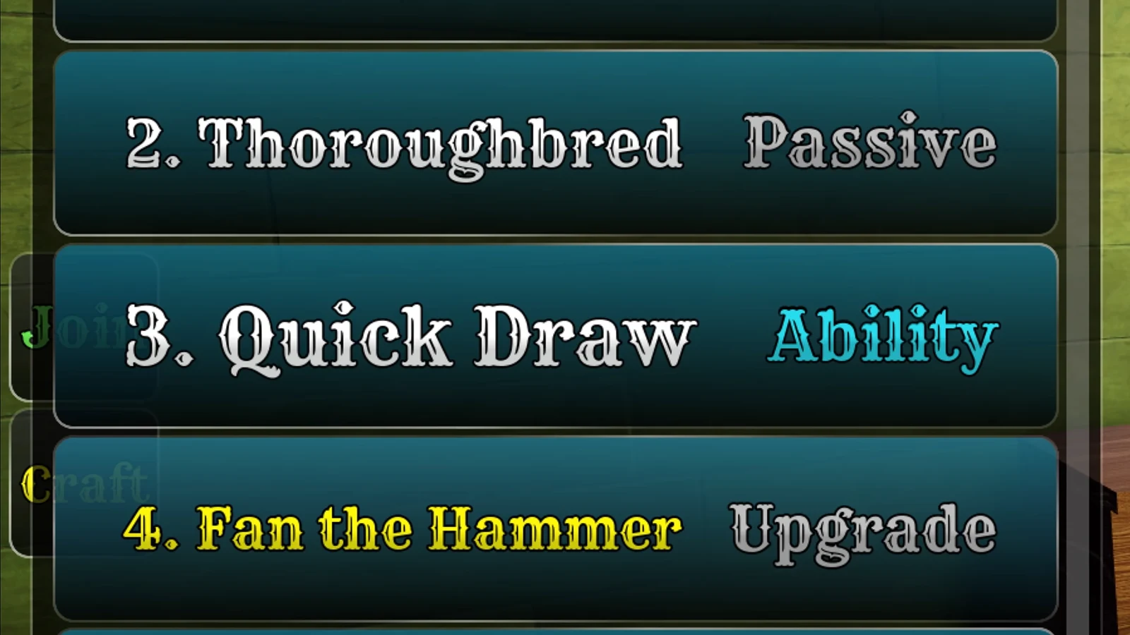 Ability menu with Quick Draw highlighted in blue as the selected Cowboy skill