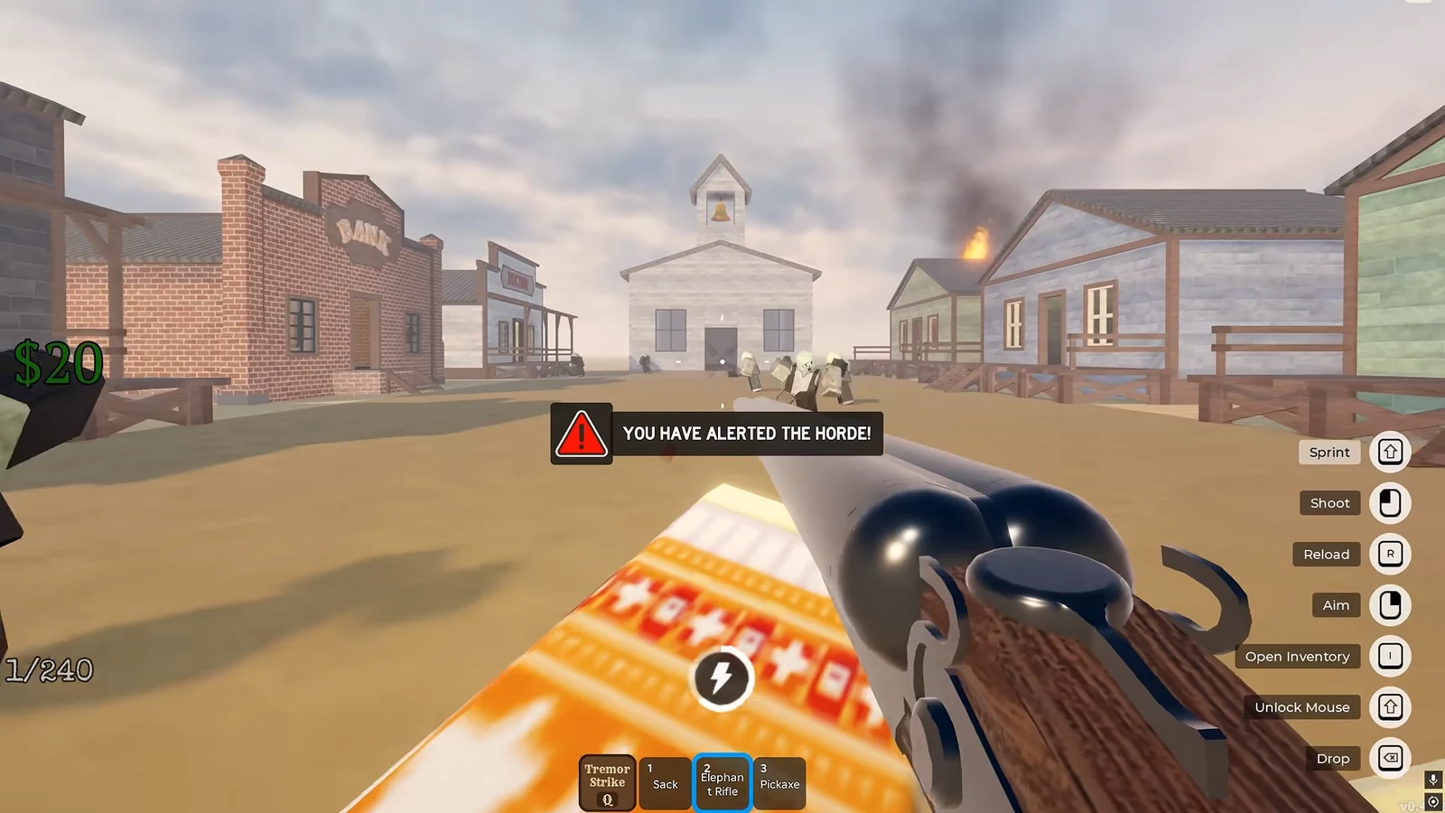 Player wielding the Elephant Rifle against enemies after alerting the horde