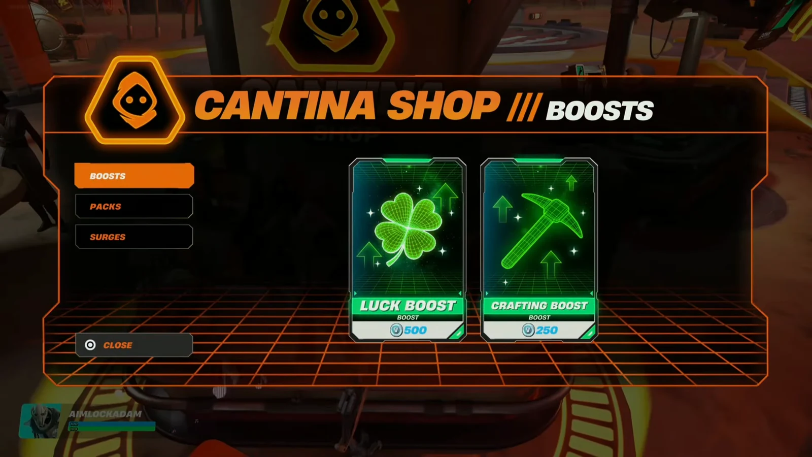 Cantina Shop Boosts tab showing Luck Boost and Crafting Boost cards
