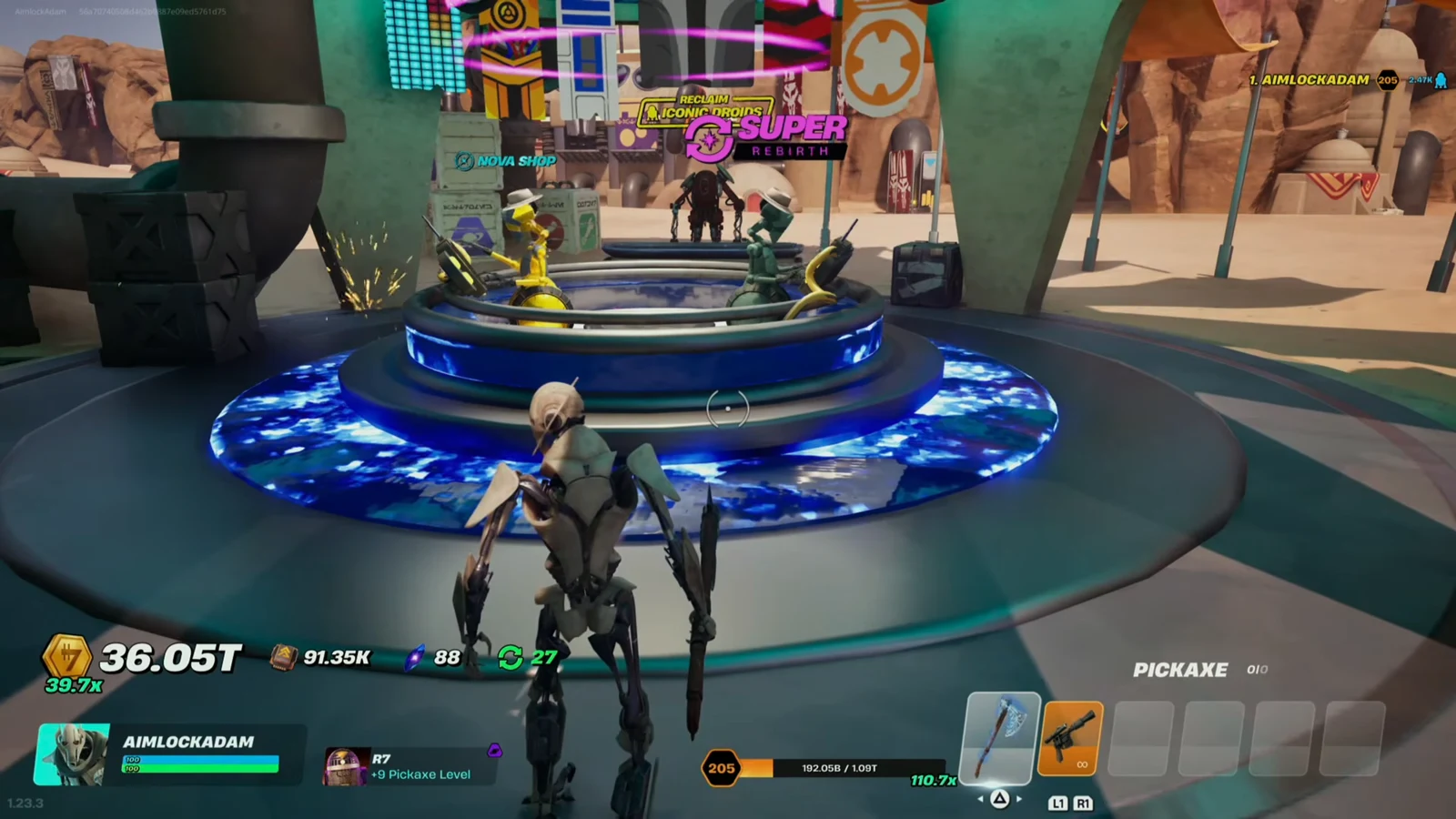 Glowing Super Rebirth platform under Reclaim Icon Coins and Nova Shop signs