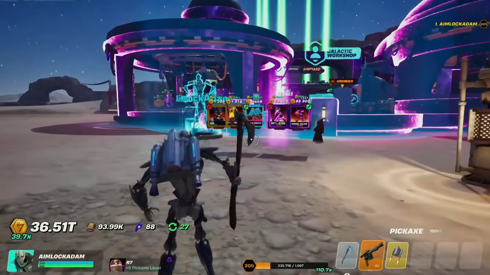 Player with a pickaxe in the Galactic Workshop walking toward the Shipyard