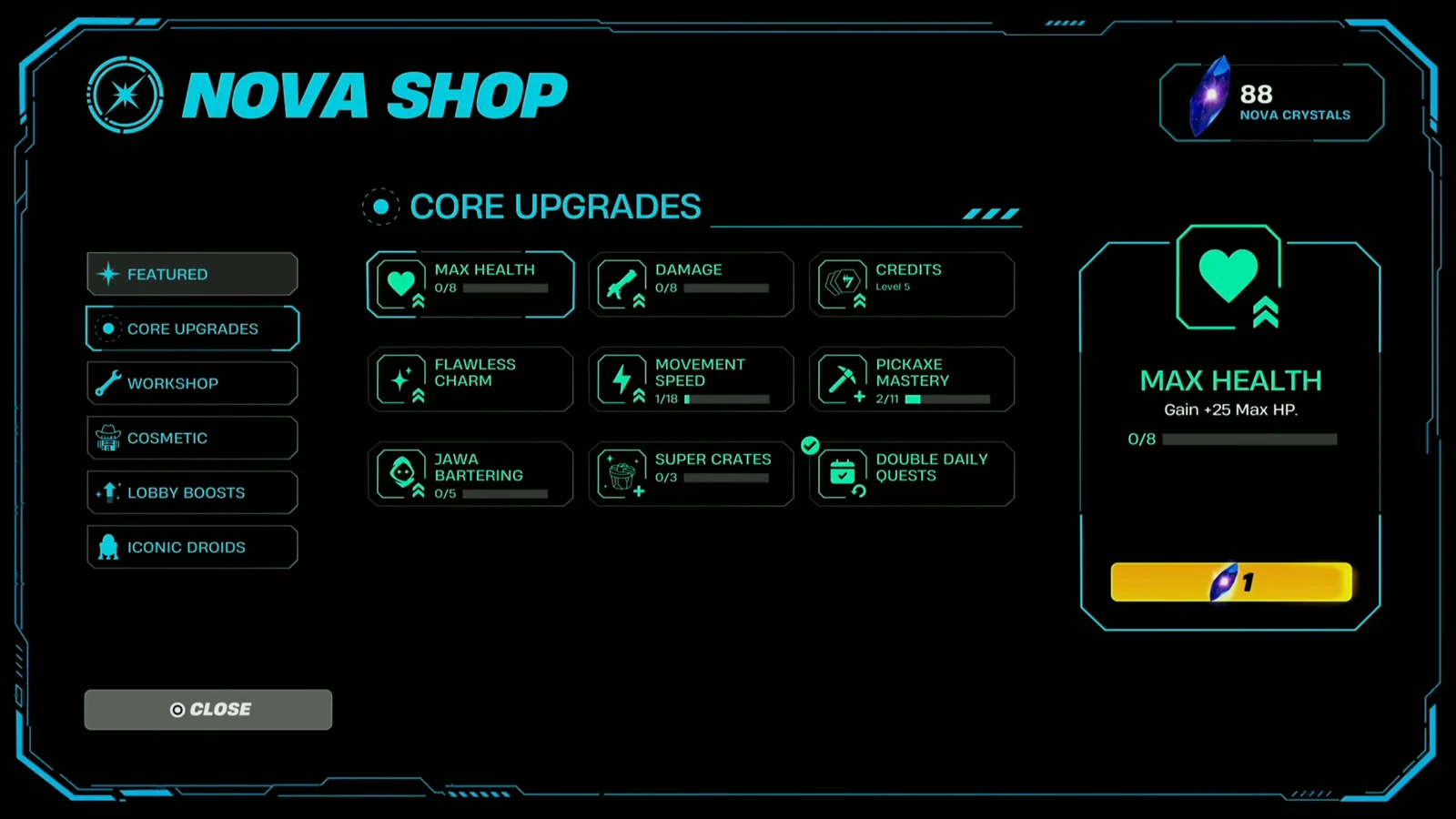 Nova Shop Core Upgrades with Max Health selected for 1 crystal and +25 Max HP