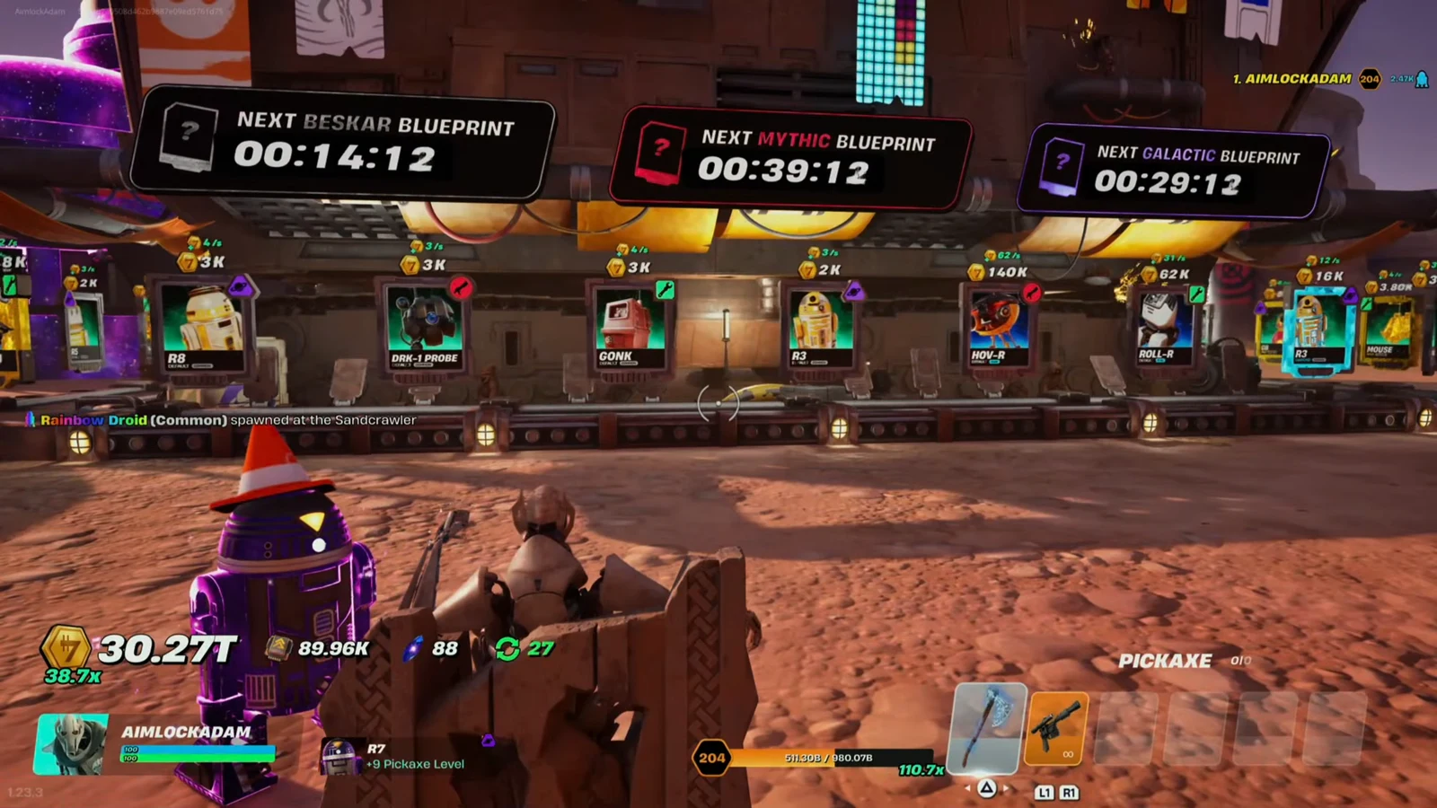 Sandcrawler blueprint board with countdown timers for Beskar, Mythic, and Galactic