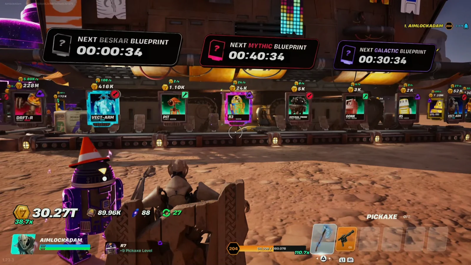 Blueprint shop with the VECT-ARM robot card highlighted in blue