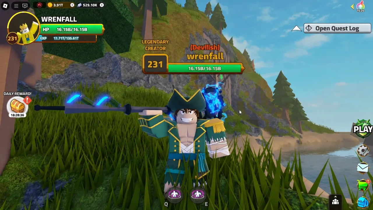 Lobby HUD showing the Open Quest Log button available to the player