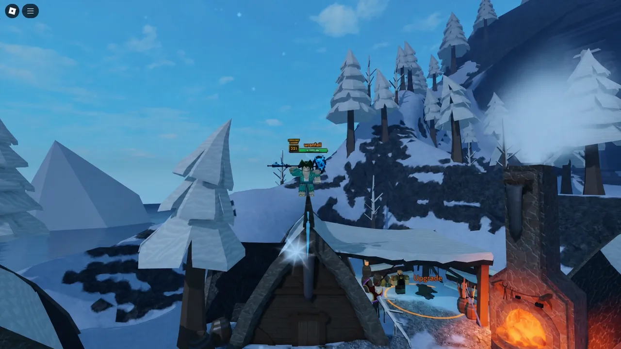 Upgrade prompt highlighted at the forge in the snowy lobby village
