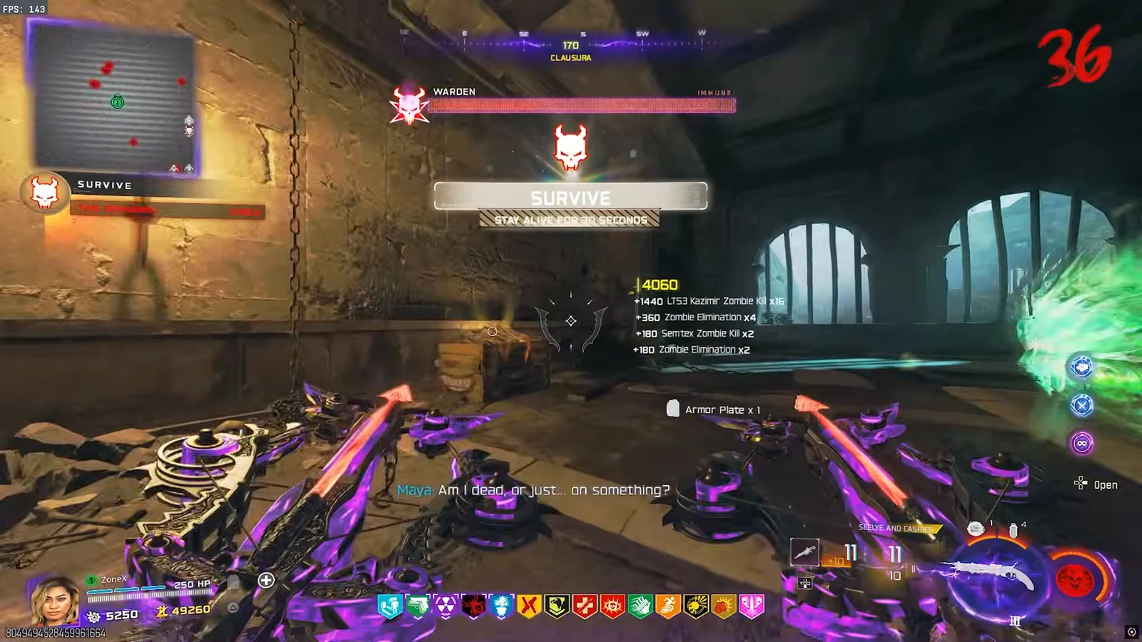 SURVIVE banner instructing the player to last 30 seconds while fighting in a corridor
