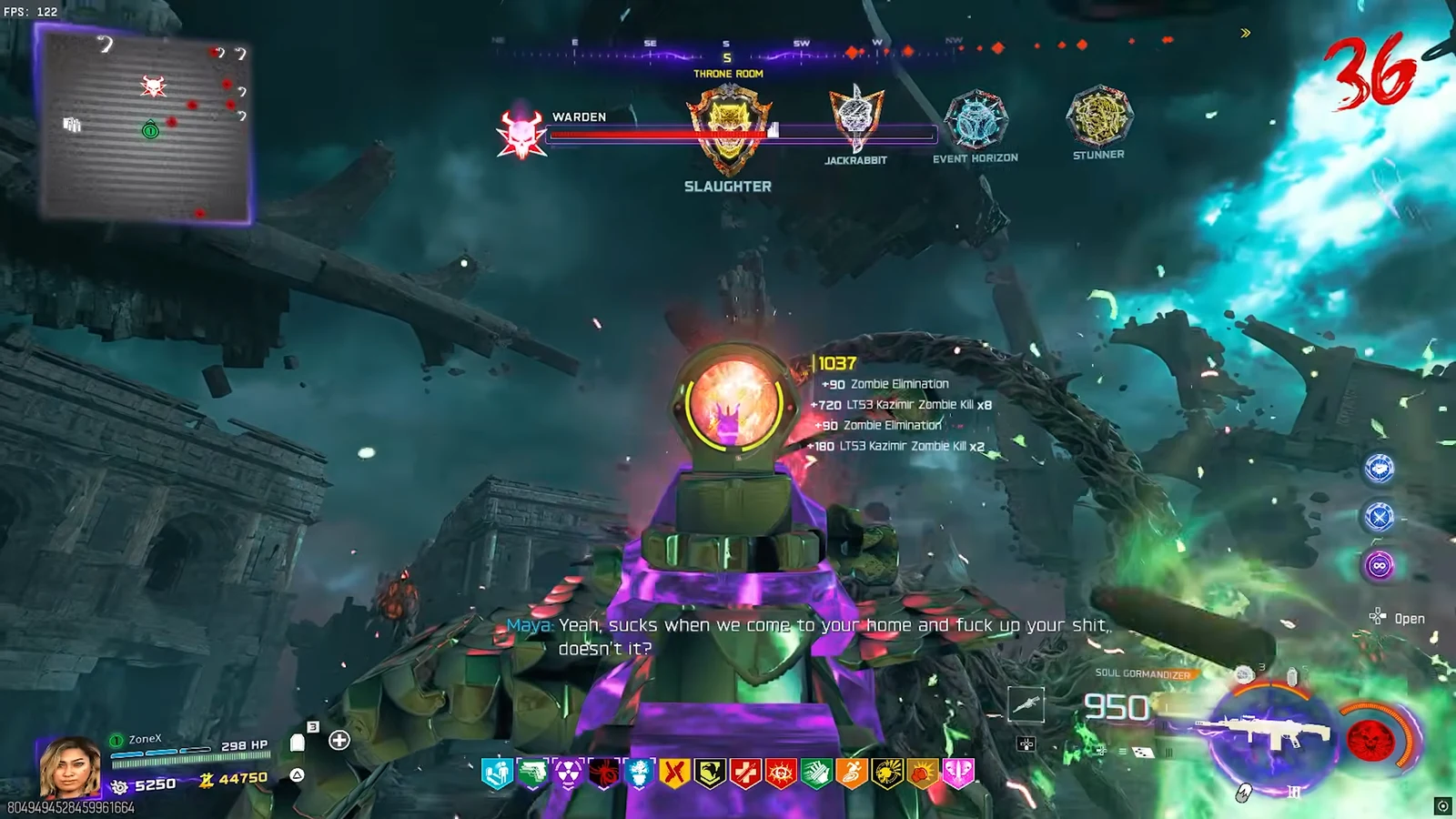 Player aiming down sights at the Warden's weak point while racking up zombie kills