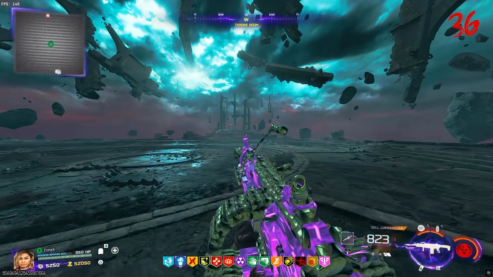 Player moving across the Throne Room arena while firing at the Warden