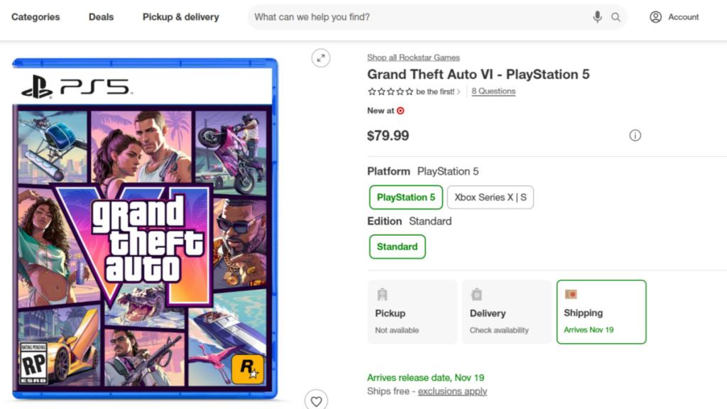 GTA 6 listed on Target's website at $79.99